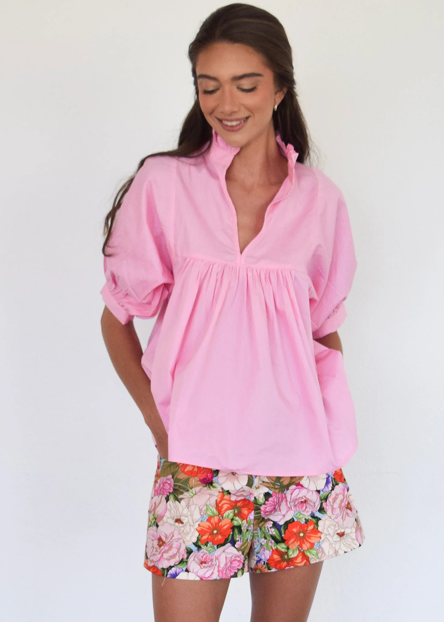 Price Reduction High Neck Top (Begonia Poplin)