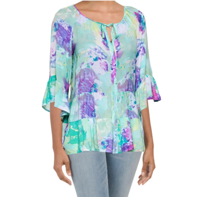 Deal Zone Cupio Blush Peasant Ruffle Sleeves Tired Hem Watercolor Print Blouse Tunic