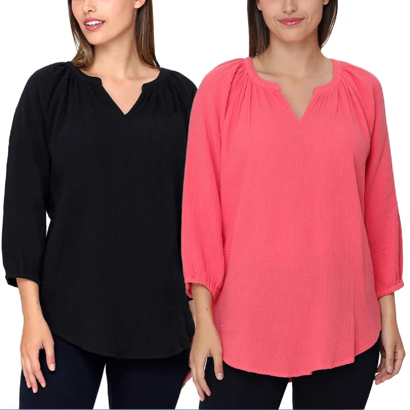 Great Bargains Nicole Miller Women's Notch Neck Raglan Sleeve Top Cotton Gauze Tunic Blouse