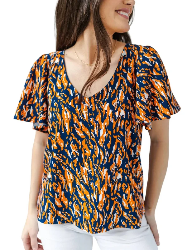 Instant Discount Paisley Tiger Tail Top In Navy/orange