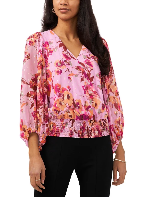 Final Clearance Petites Womens Metallic Floral Print Blouse