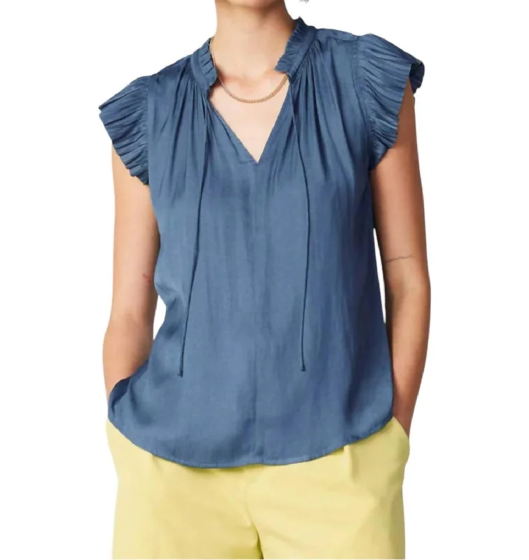 Discount Deals Pleated Short Sleeve Blouse In Dusty Blue