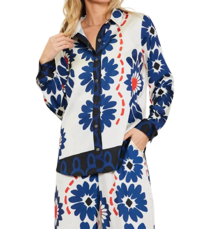 Super Sale Printed Top In Ivory/navy