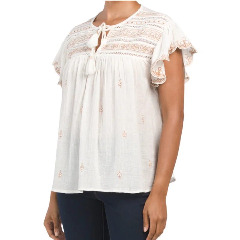 Low Prices Rachel Zoe Women's Short Sleeve Embroidered Split Neck Blouse Top