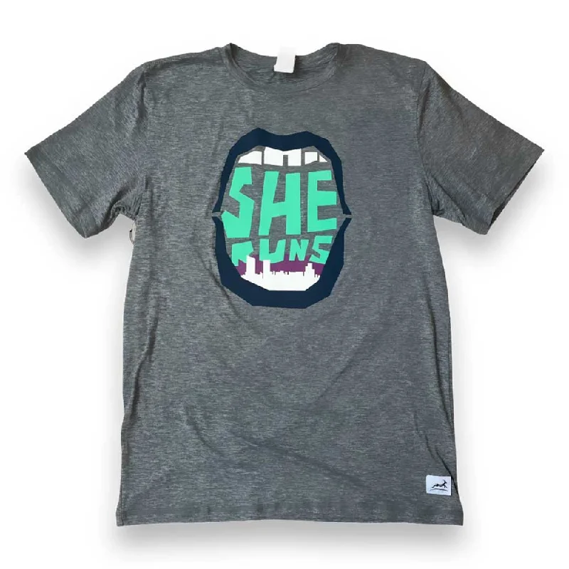 Price Drop Alert All Gender She Runs GR Mouth Skyline Perf Tech SS - Heather Gray/Navy/Pink