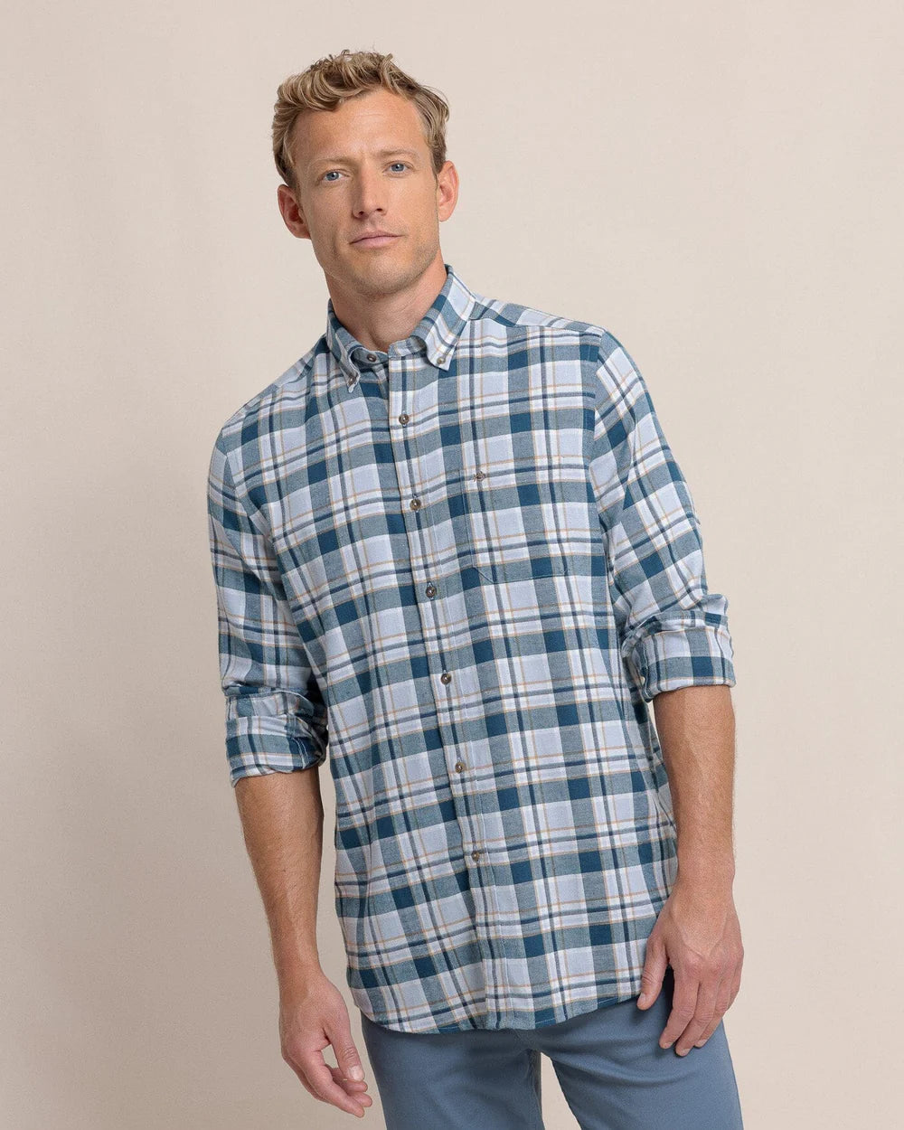 Price Drop Sweetgrass Plaid Beach Flannel Sport Shirt (Teal Haze)