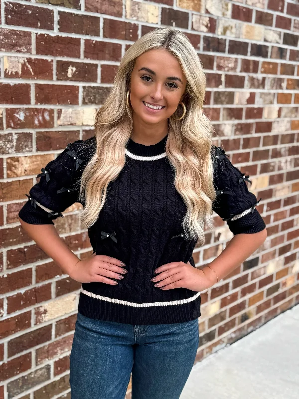 Can't Be Beat Bow Detail Knit Top (Black)