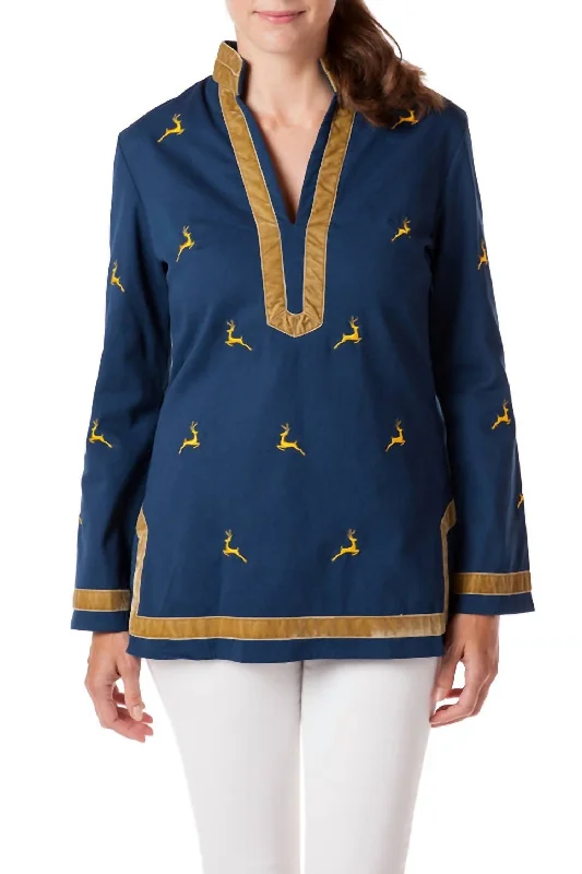 Special Discount Tunic Top With Leaping Reindeer In Nantucket Navy