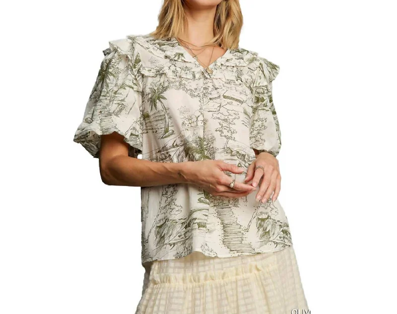 Today Only Two Tone Toile Print Top In Olive