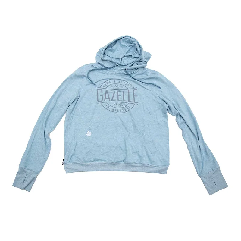 Price Rollback Women's Gazelle Sports Born & Raised Since 1985 Performance Tech Hoodie 2.0 - Heather Tourmaline/White Foldover Woven Square Patch w/ Light Grey Gazelle