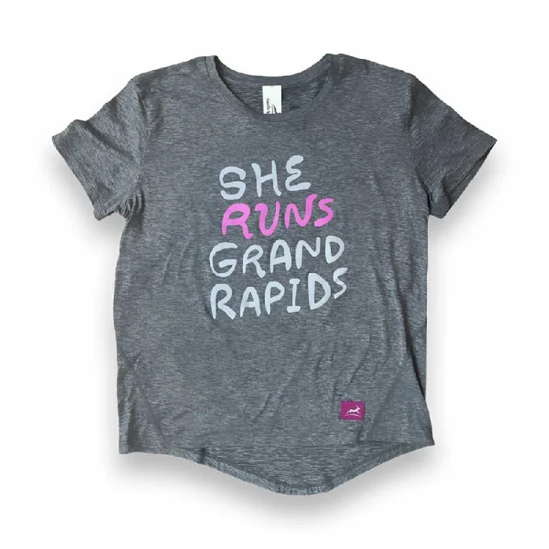 Bargain Blast Women's She Runs GR Playful Script Perf Tech SS - Heather Gray/Light Gray/Pink