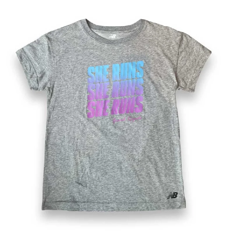 Discount Mania Women's She Runs GR Repeat Relentless Crew - Athletic Grey Heather/Blue & Pink Gradient