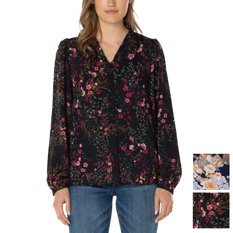Crazy Savings Well Worn Women's Floral Print Ruffle Neck Lightweight Button Front Blouse