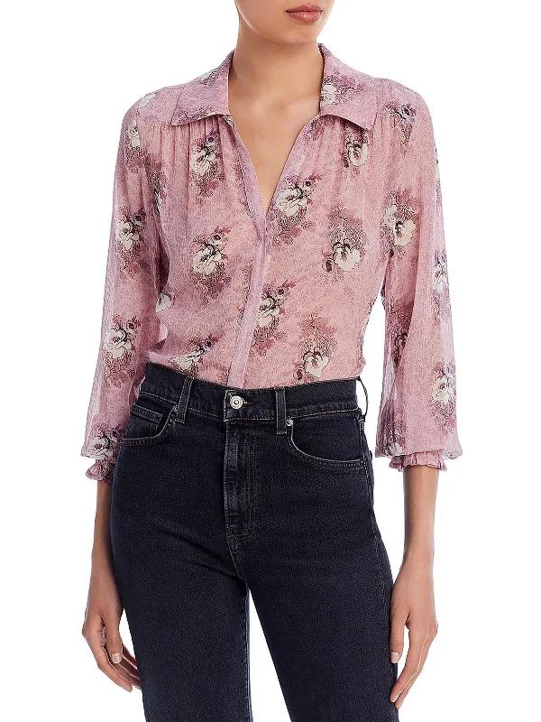 Clearance Sale Womens 100% Silk Floral Print Button-Down Top
