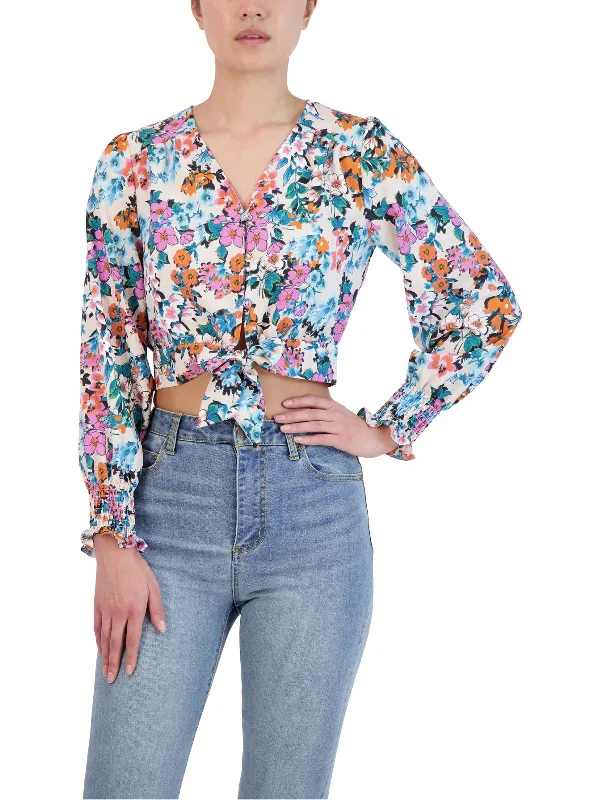 Massive Deals Womens Floral Print Knot-Front Blouse