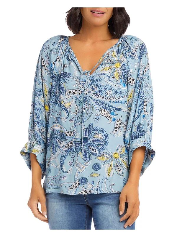 Deep Discounts Womens Tie Neck Blouson Sleeve Pullover Top