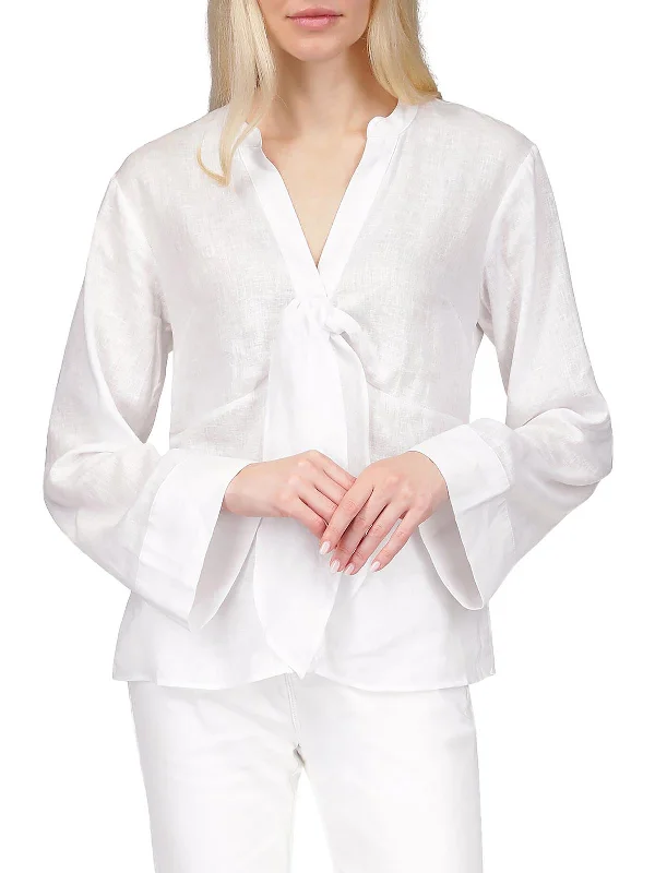 Instant Savings Womens V-Neck Bow Button-Down Blouse
